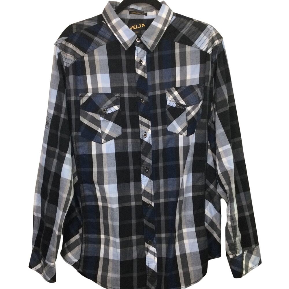 Helix Athletic Fit Plaid Flap Pockets 3/4 Roll Tab Sleeve Button Down Men's L